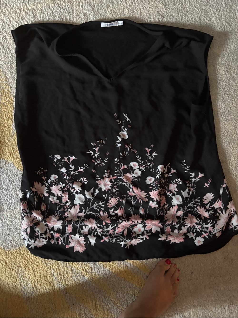 Ricki's Black Short Sleeve V-Neck Top with Pink & White Floral Border